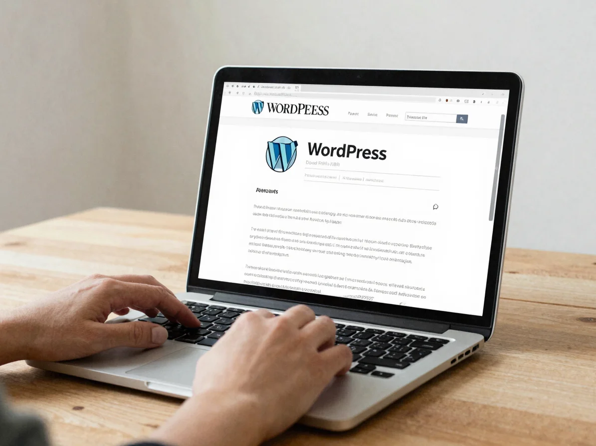 Hands reviewing a WordPress site layout on a laptop at a wooden d