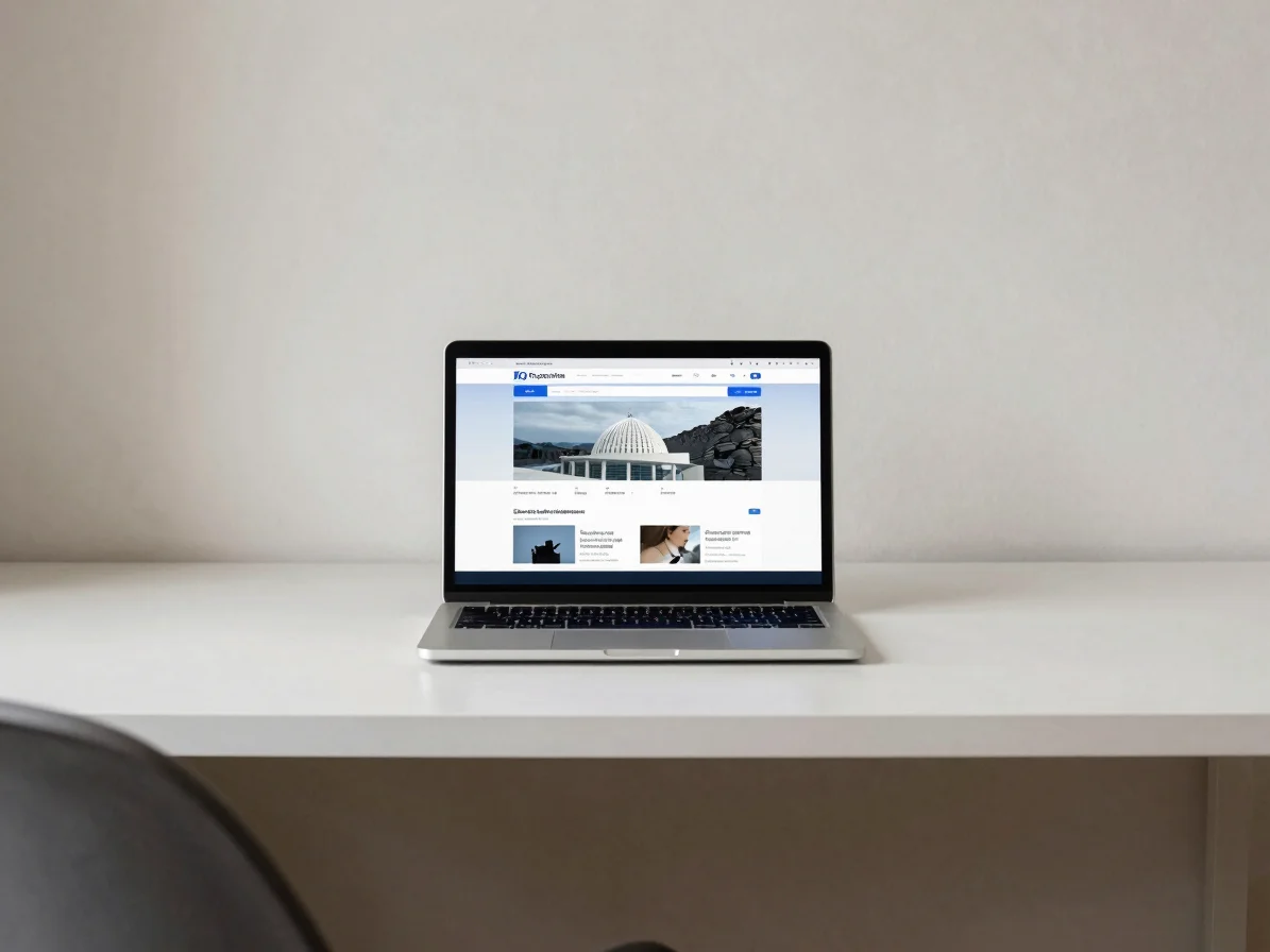 Organized desk with a laptop showing a website dashboard, calm en
